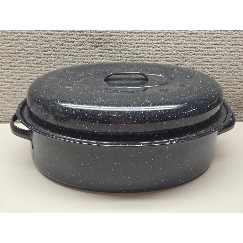 Granite Ware Oval Roaster Dark Blue Speckled Enamel on Steel with Lid 15 Inch